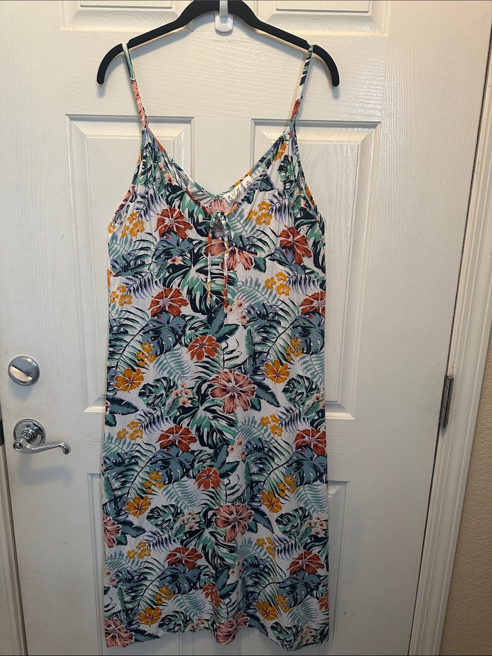 Roxy White Tropical Midi Dress with Green, Orange & Yellow Floral Print Size L